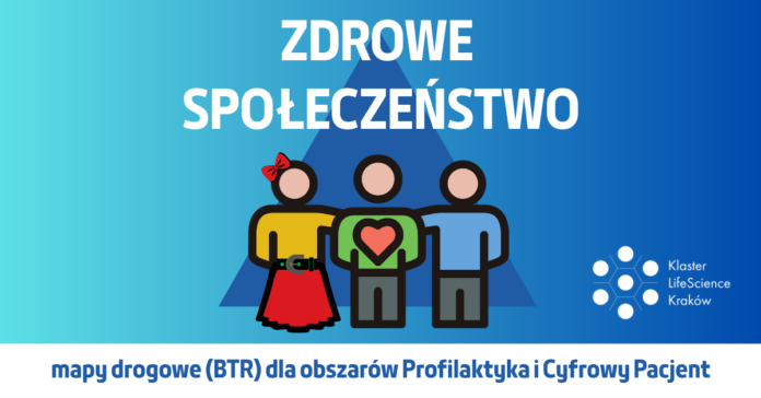 Grafika z hasłem „Zdrowe społeczeństwo”. Trzy uproszczone postacie stoją obok siebie – jedna z sercem na koszulce, symbolizującym zdrowie. Na dole napis: „Mapy drogowe BTR dla obszarów Profilaktyka i Cyfrowy Pacjent”. Po prawej logo Klastra LifeScience Kraków.