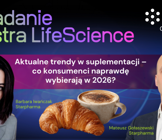 Aktualne trendy w suplementacji – co konsumenci naprawdę wybierają w 2026? Grafika promująca webinar „Śniadanie Klastra LifeScience” online, który odbędzie się w czwartek 23 kwietnia w godz. 9:00–10:00. Temat spotkania: „Aktualne trendy w suplementacji – co konsumenci naprawdę wybierają w 2026 r.?”. Na grafice są zdjęcia dwojga prelegentów: Barbary Iwańczak i Mateusza Gołaszewskiego ze Starpharmy, a między nimi filiżanka kawy i rogalik.