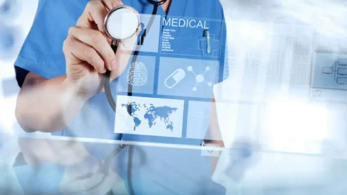 Medicine doctor hand working with modern computer interface as m